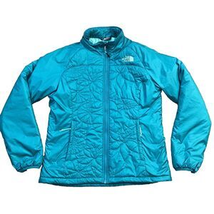 The North Face Puffer Jacket Womens Small Teal Quilted White Logo Embroidered